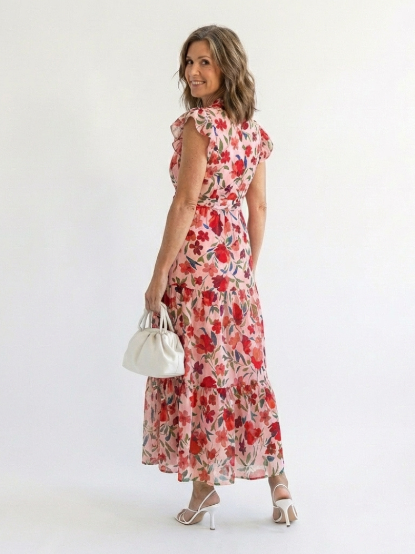 Lila | Vestido midi con cuello en V y volantes, con estampado floral