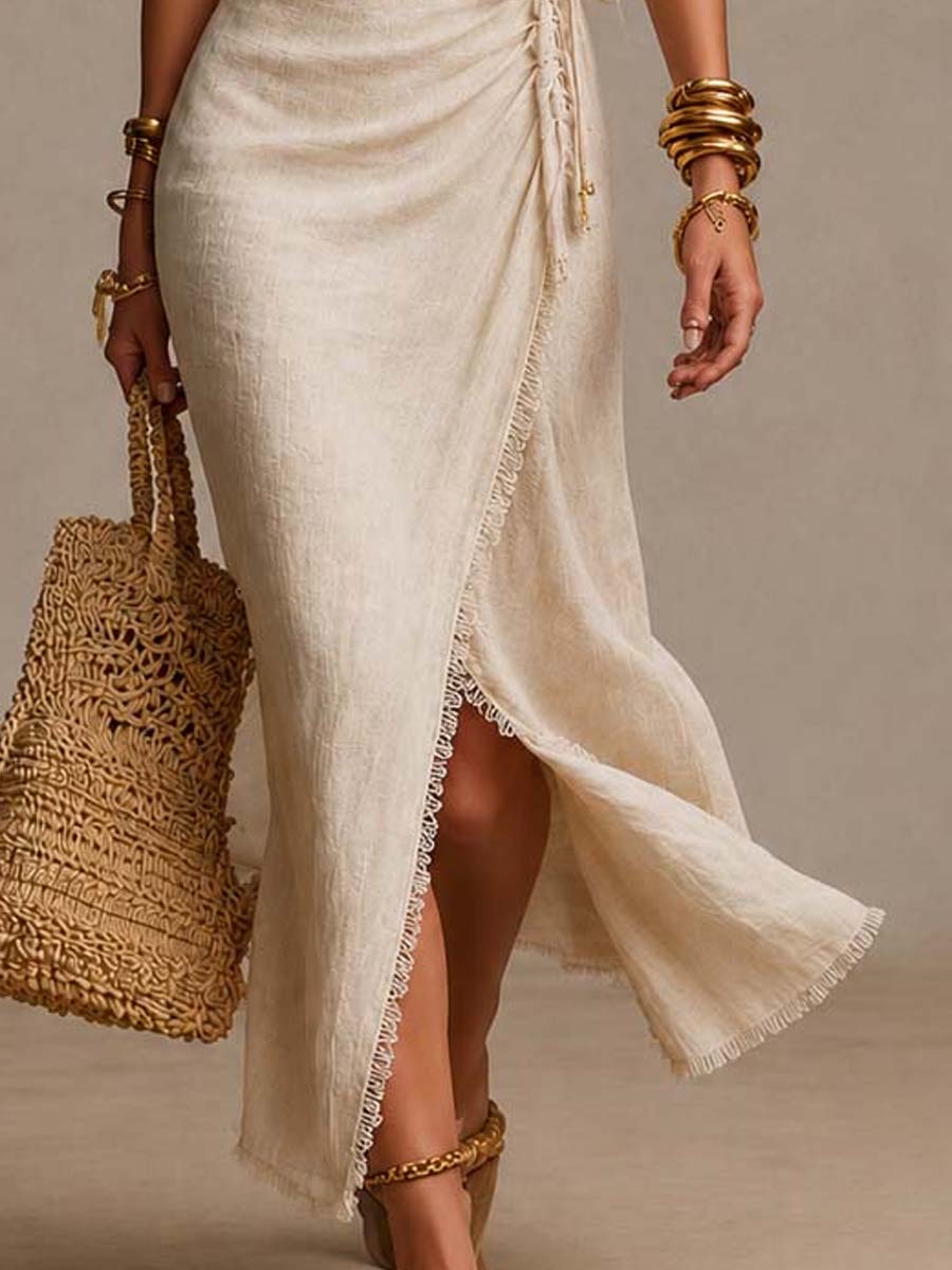 Ximena | Vestido midi de lino natural con solapa delantera, volantes y ribete de encaje