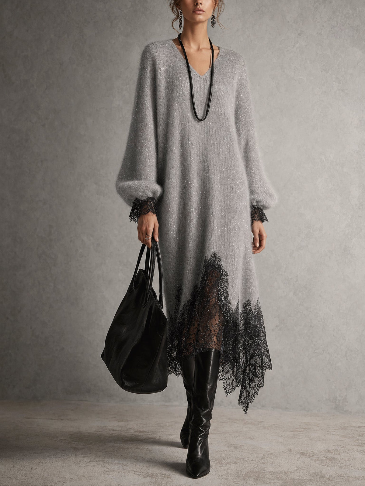 Paloma | Vestido midi gris de punto con encaje