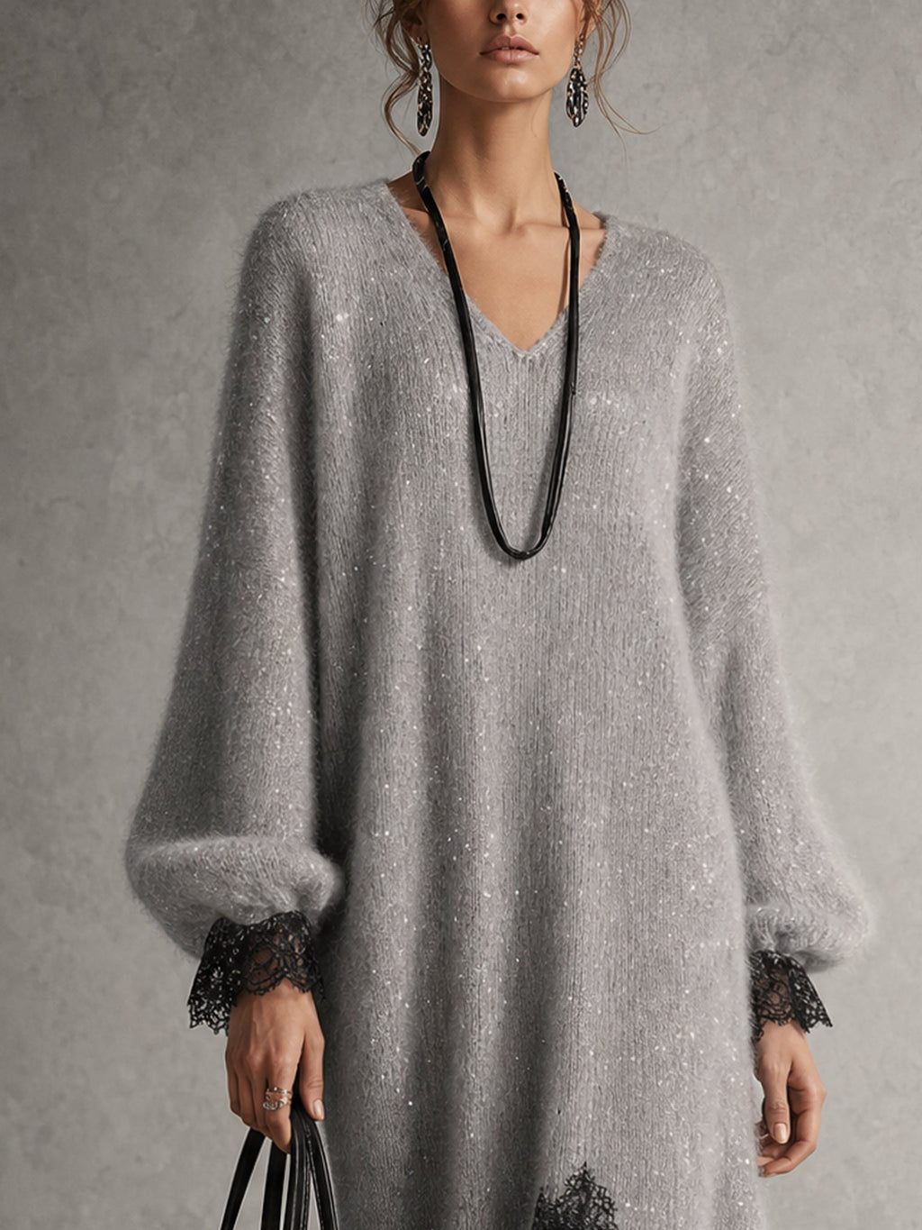 Paloma | Vestido midi gris de punto con encaje