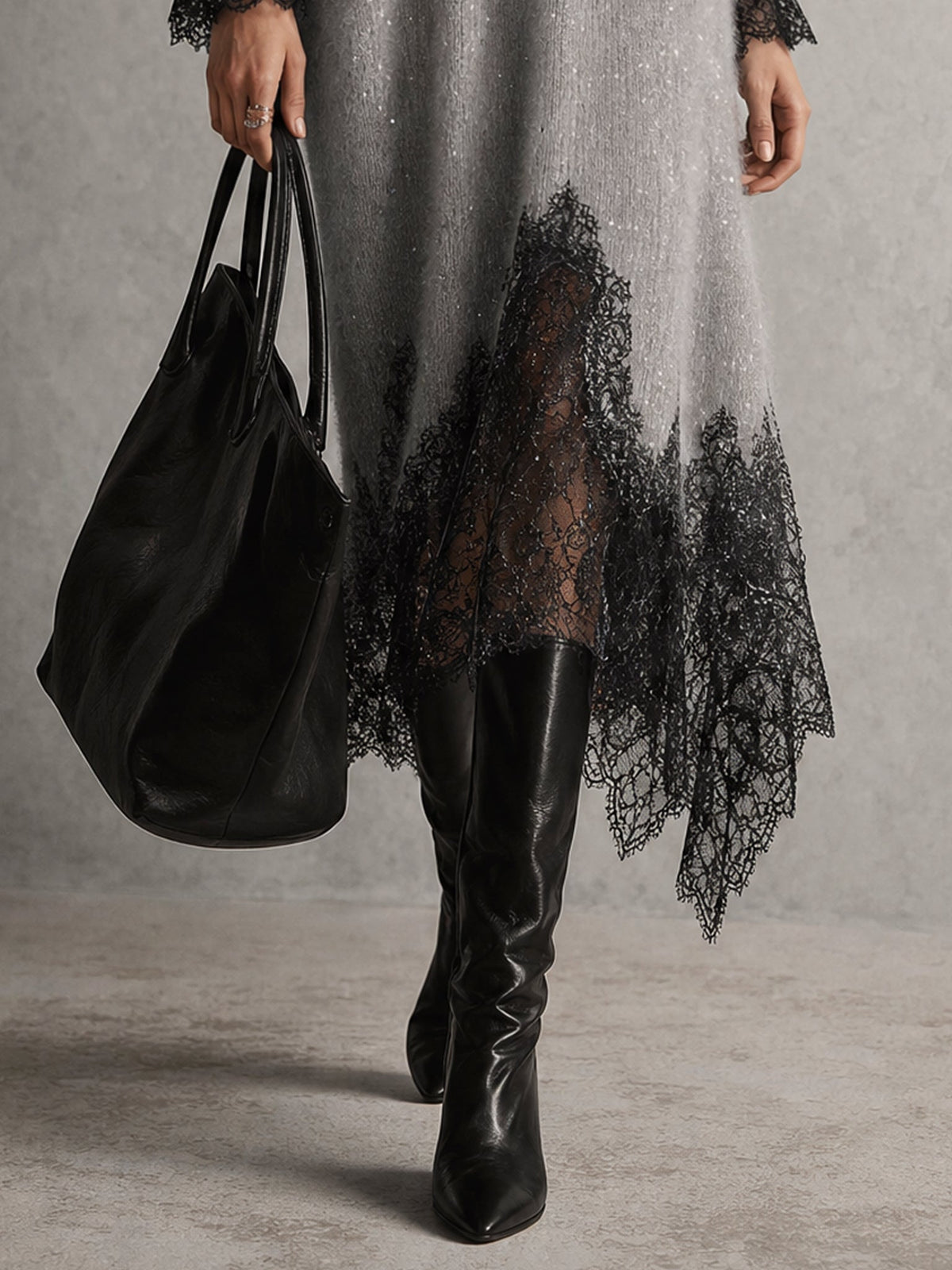 Paloma | Vestido midi gris de punto con encaje