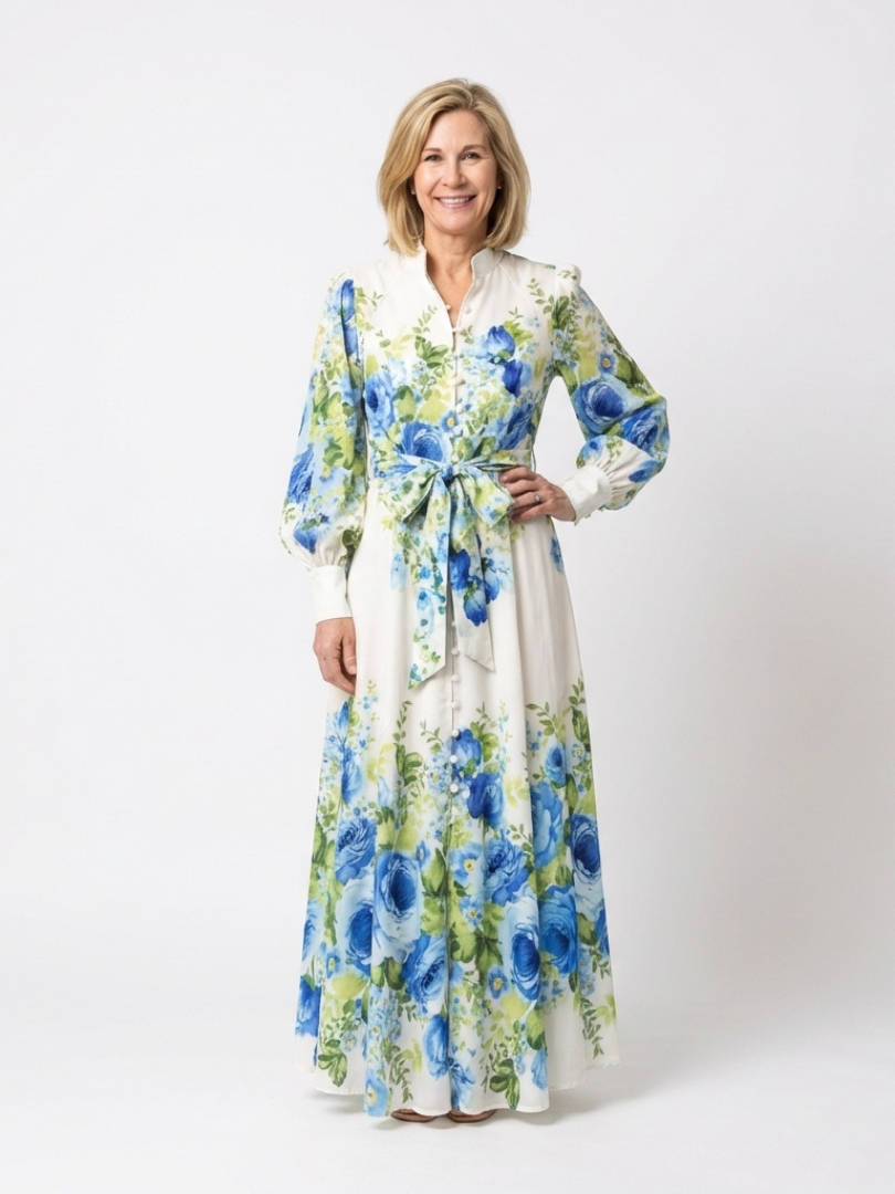 Leila | Vestido largo de manga larga con estampado floral y botones en la parte delantera