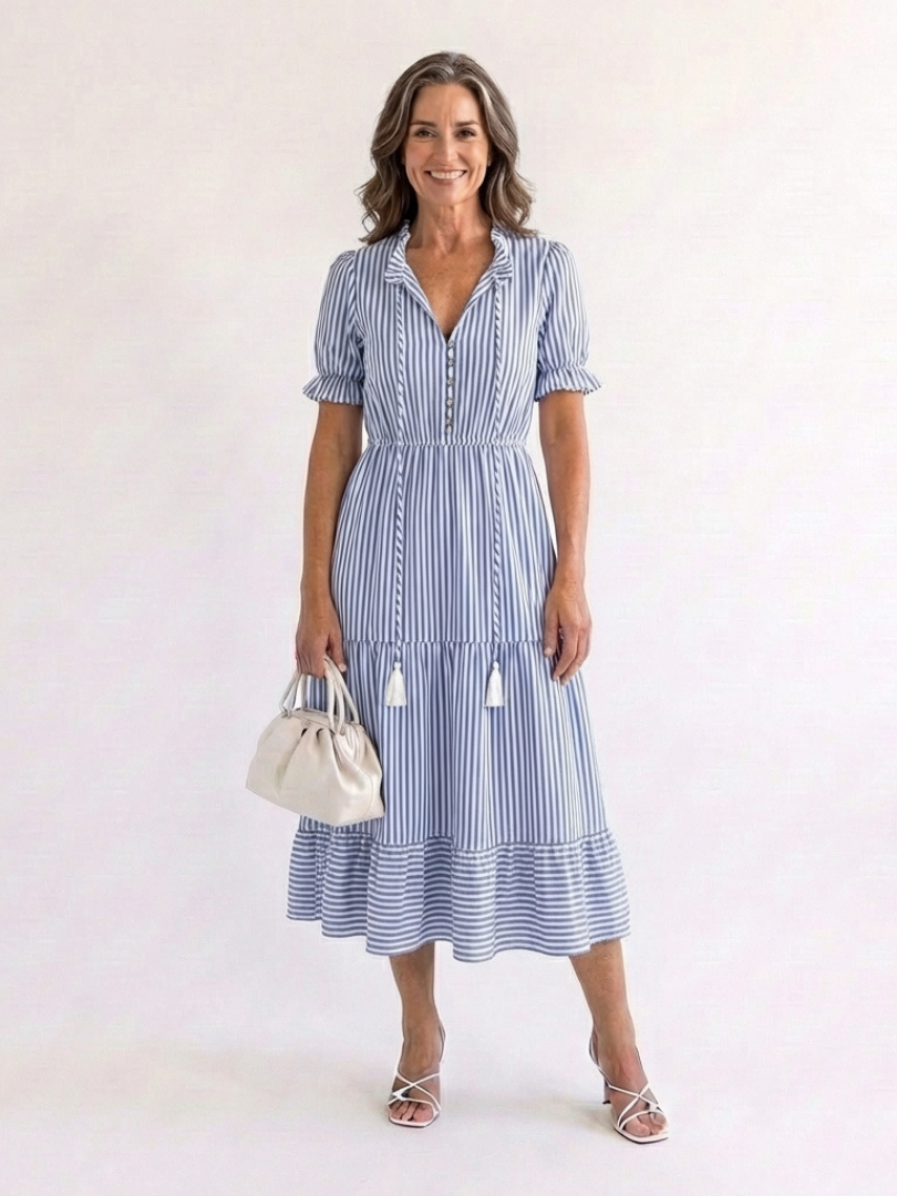 Dakota | Vestido midi con capas a rayas de manga corta