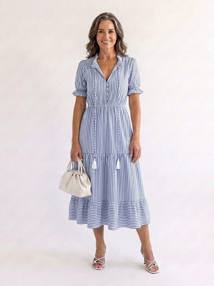 Dakota | Vestido midi con capas a rayas de manga corta