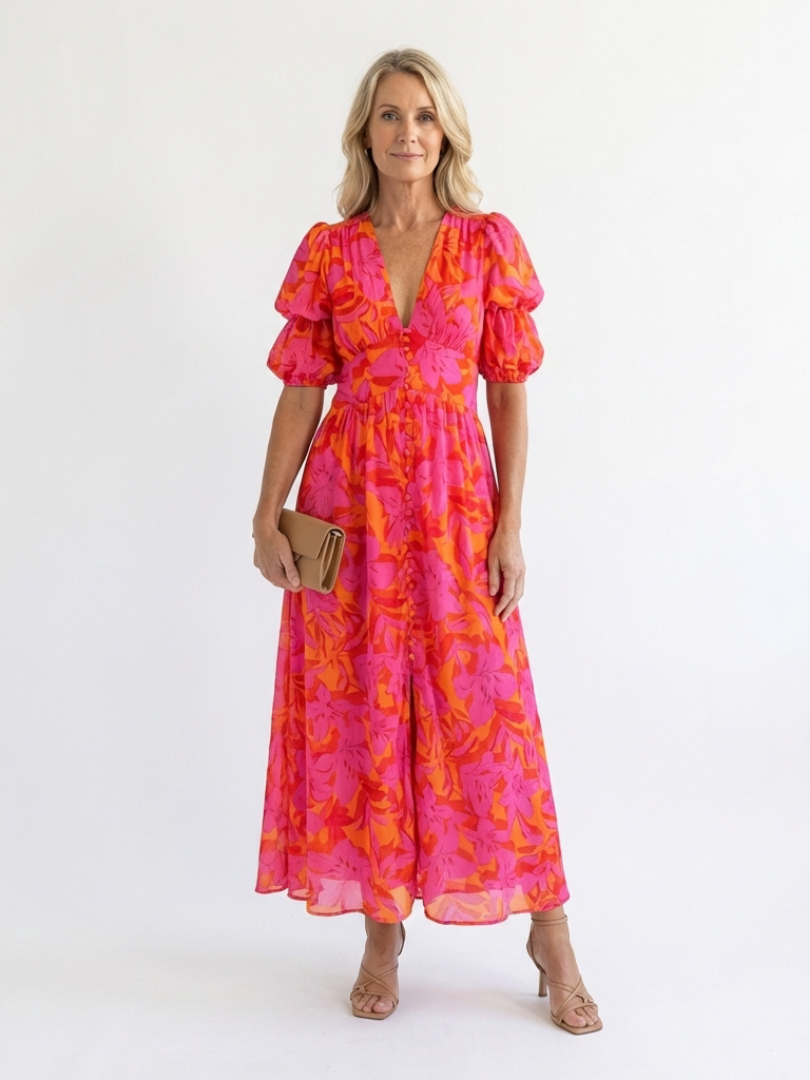 Alessia  | Vestido midi con estampado floral, cuello en V y mangas abullonadas