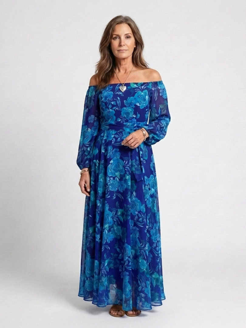 Chloe | Vestido largo floral con hombros al aire