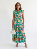 Lila | Vestido midi con cuello en V y volantes, con estampado floral