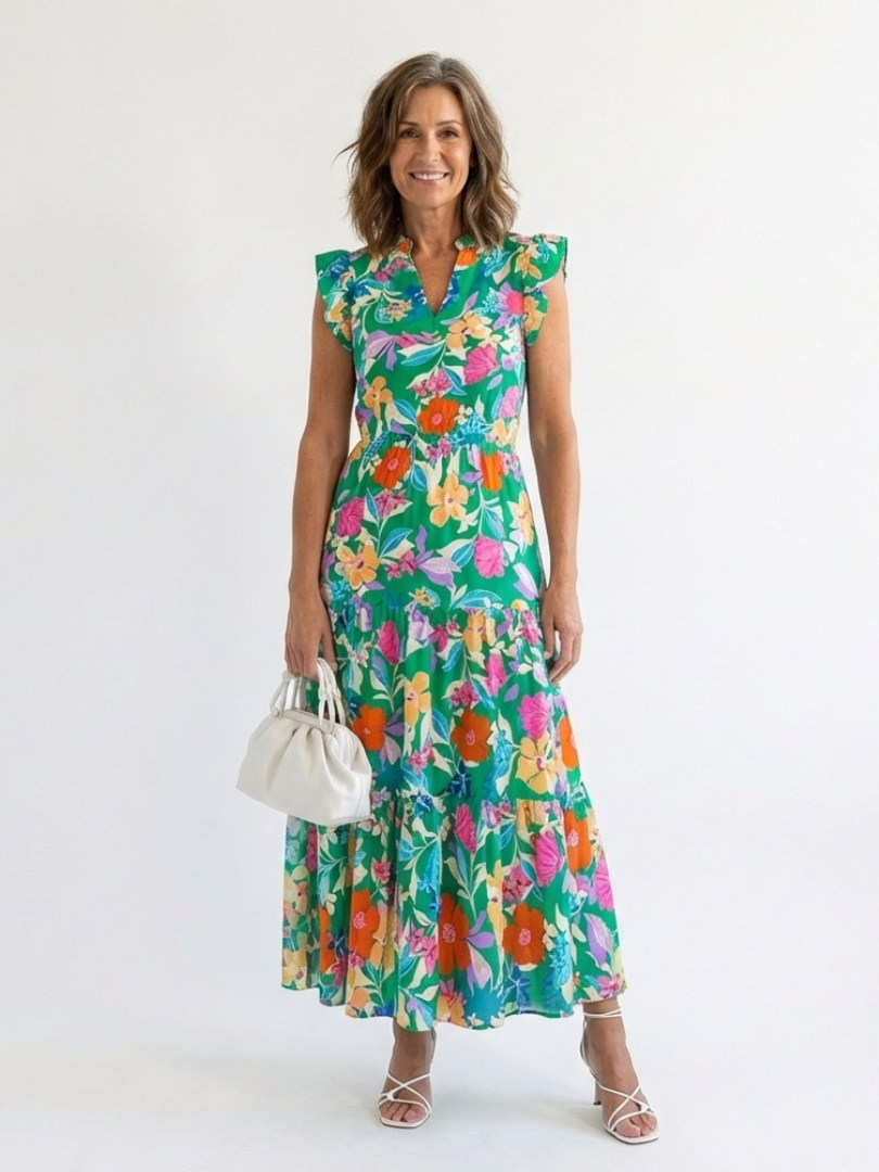 Lila | Vestido midi con cuello en V y volantes, con estampado floral
