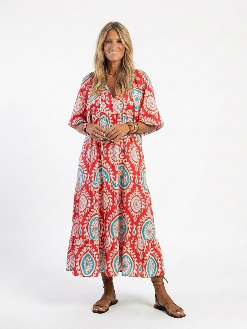 Zoe  | Vestido midi de manga corta con cuello en V y estampado Paisley