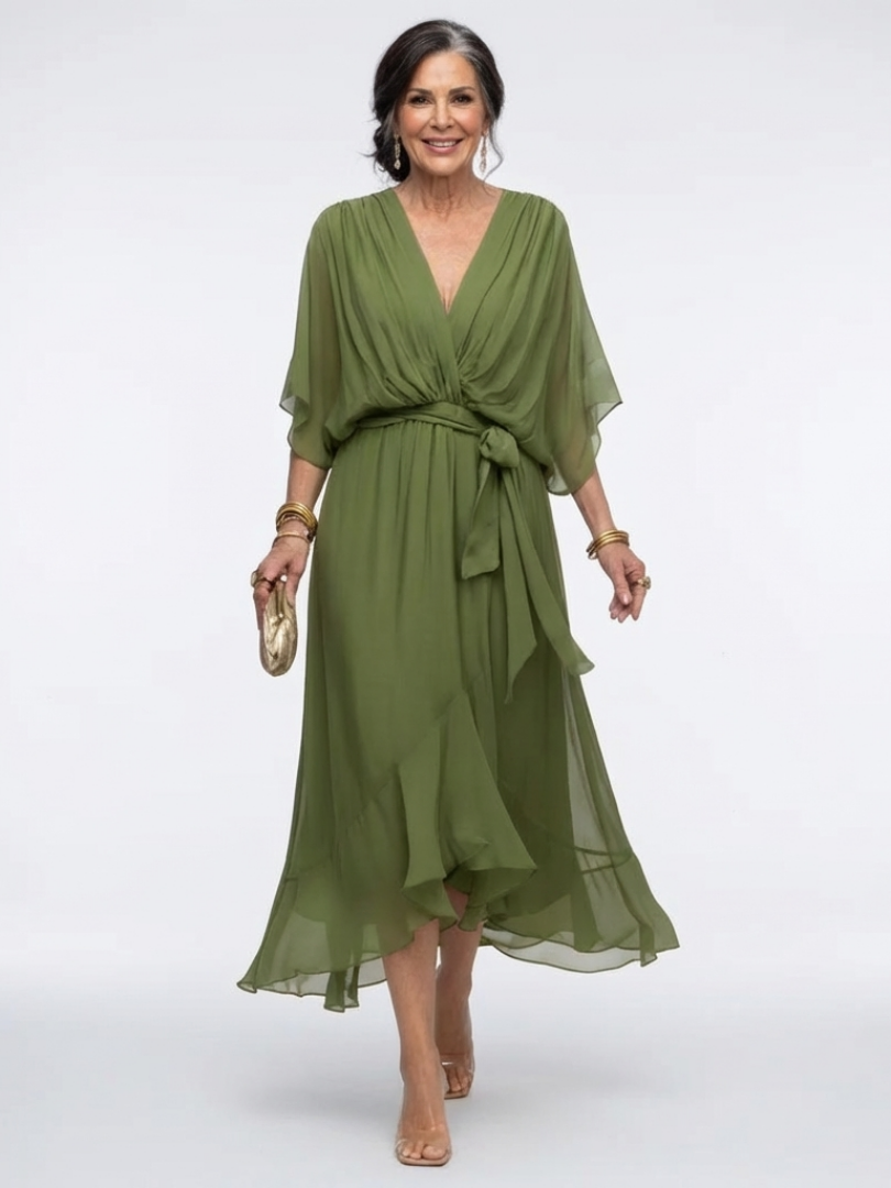 Jade | Vestido midi con cuello en V, cintura drapeada y lazo
