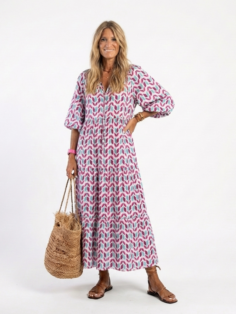 Nadia | Vestido midi de manga larga con estratos y estampado geometrico