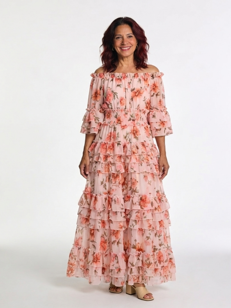 Rosalia | Vestido largo con volantes florales y hombros al aire