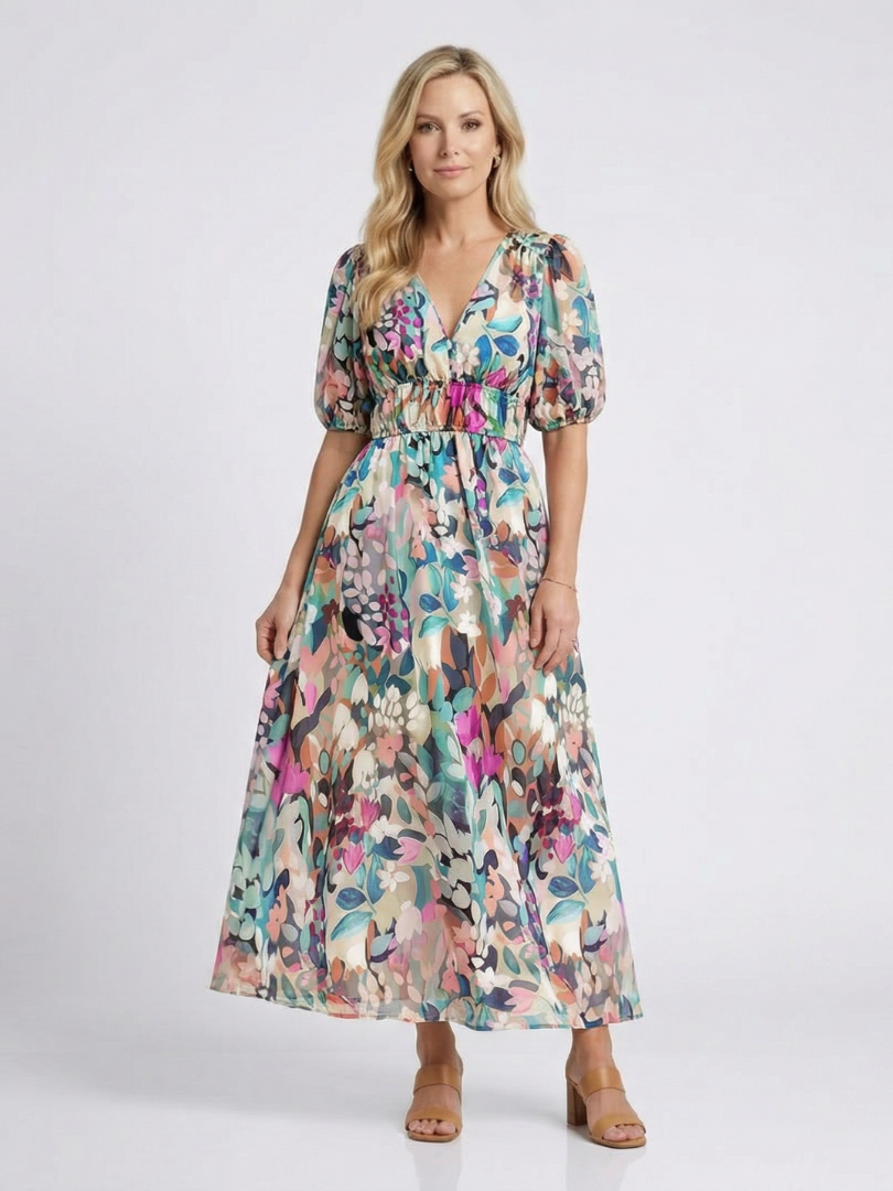 Eulalia | Vestido midi de manga corta con cuello en V y fruncido en la cintura