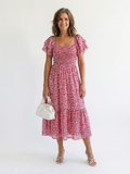 Ainhoa | Vestido midi con hombros al aire, estampado floral y fruncido