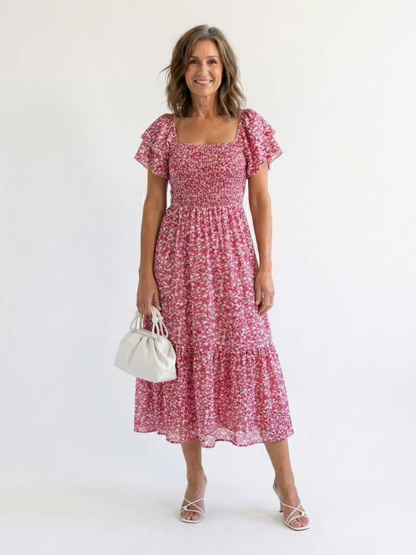 Ainhoa | Vestido midi con hombros al aire, estampado floral y fruncido