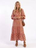 Chiara | Vestido midi con cuello en V, estratificado y estampado geometrico