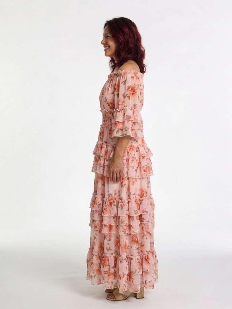 Rosalia | Vestido largo con volantes florales y hombros al aire