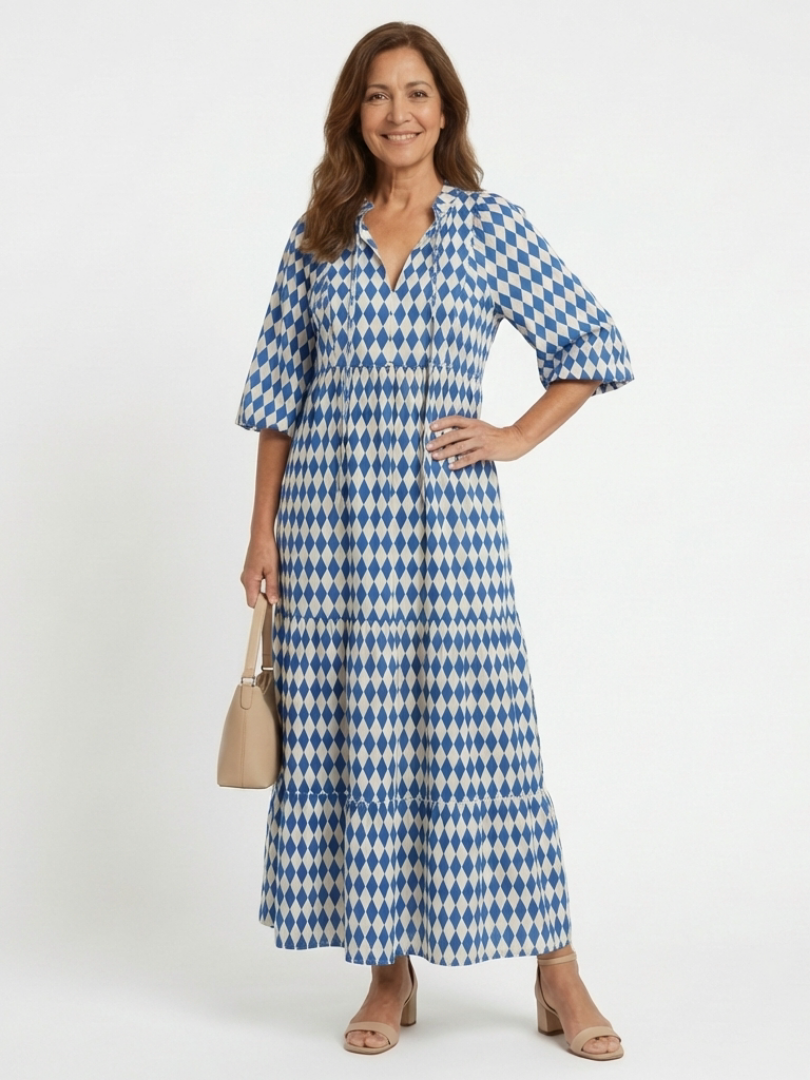 Melody | Vestido midi escalonado con estampado de rombos