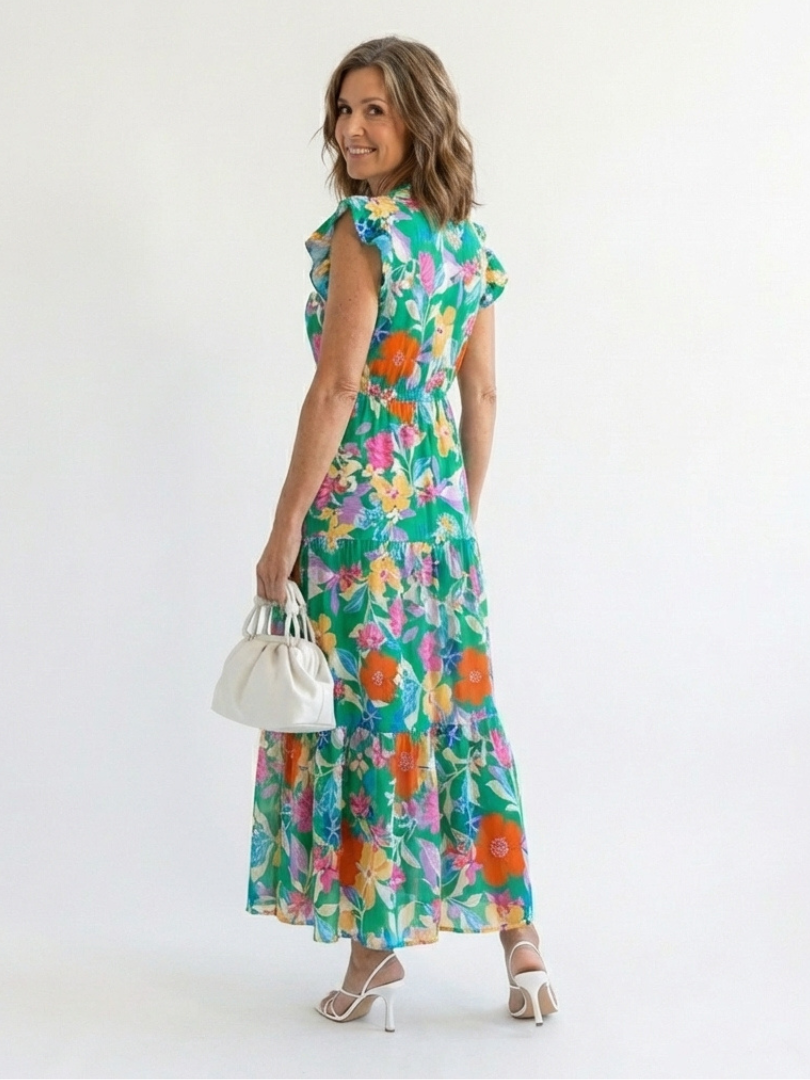 Lila | Vestido midi con cuello en V y volantes, con estampado floral