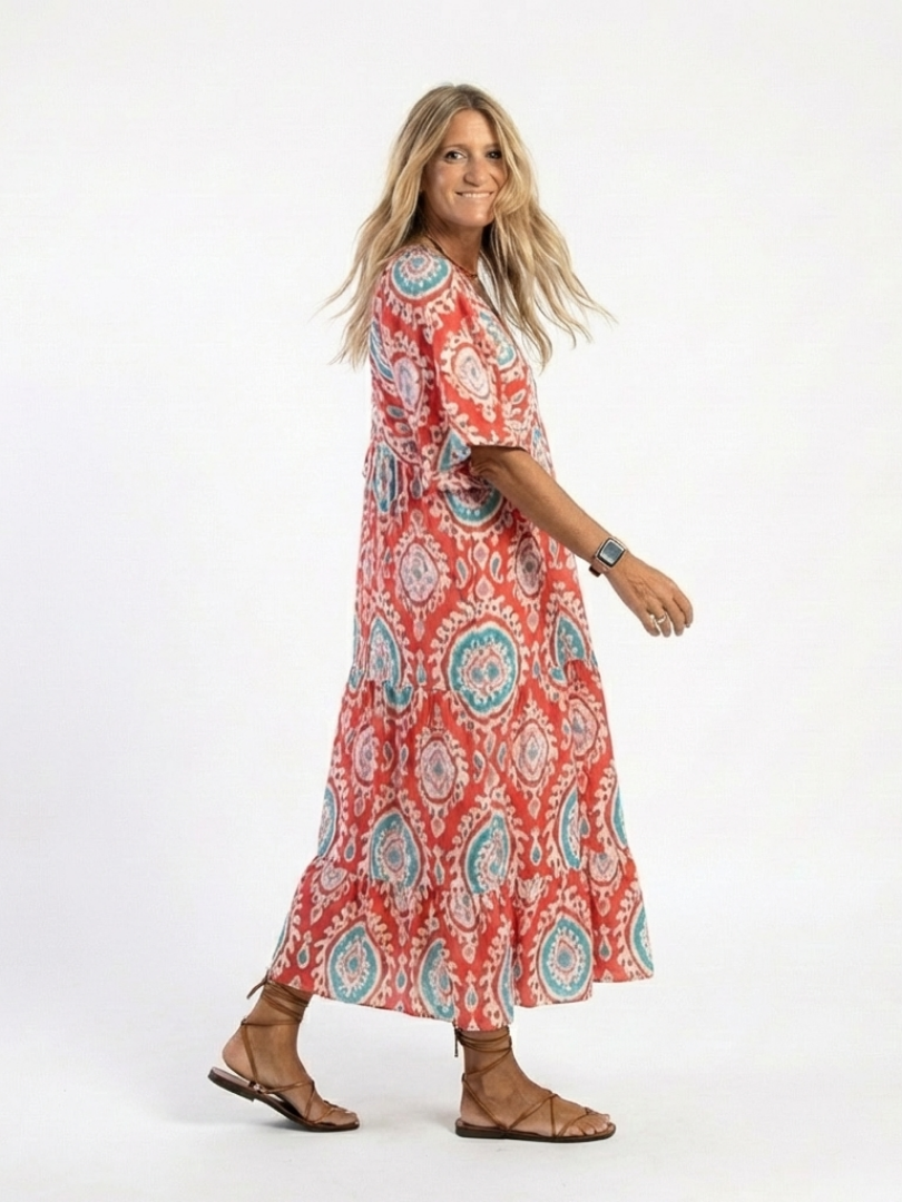 Zoe  | Vestido midi de manga corta con cuello en V y estampado Paisley