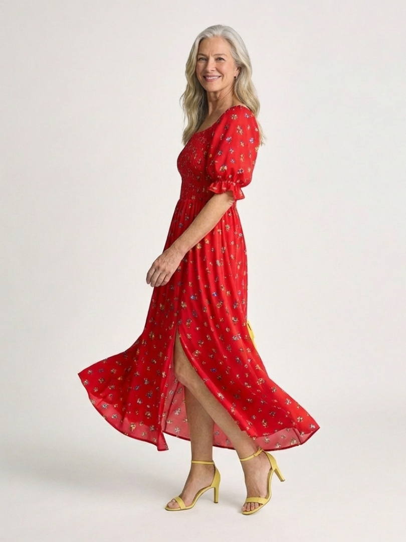 Yasmin | Vestido midi con cuello cuadrado, estampado floral y mangas abullonadas