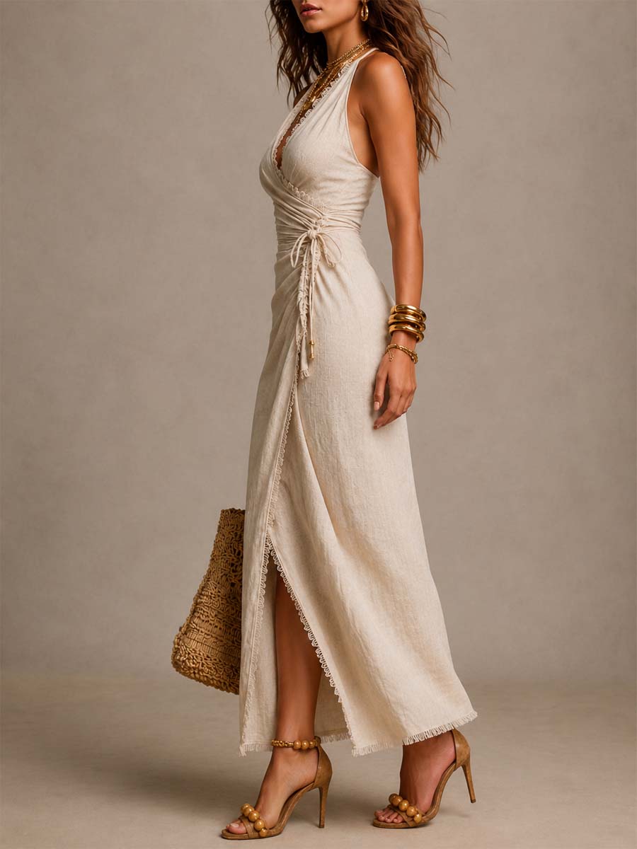 Ximena | Vestido midi de lino natural con solapa delantera, volantes y ribete de encaje