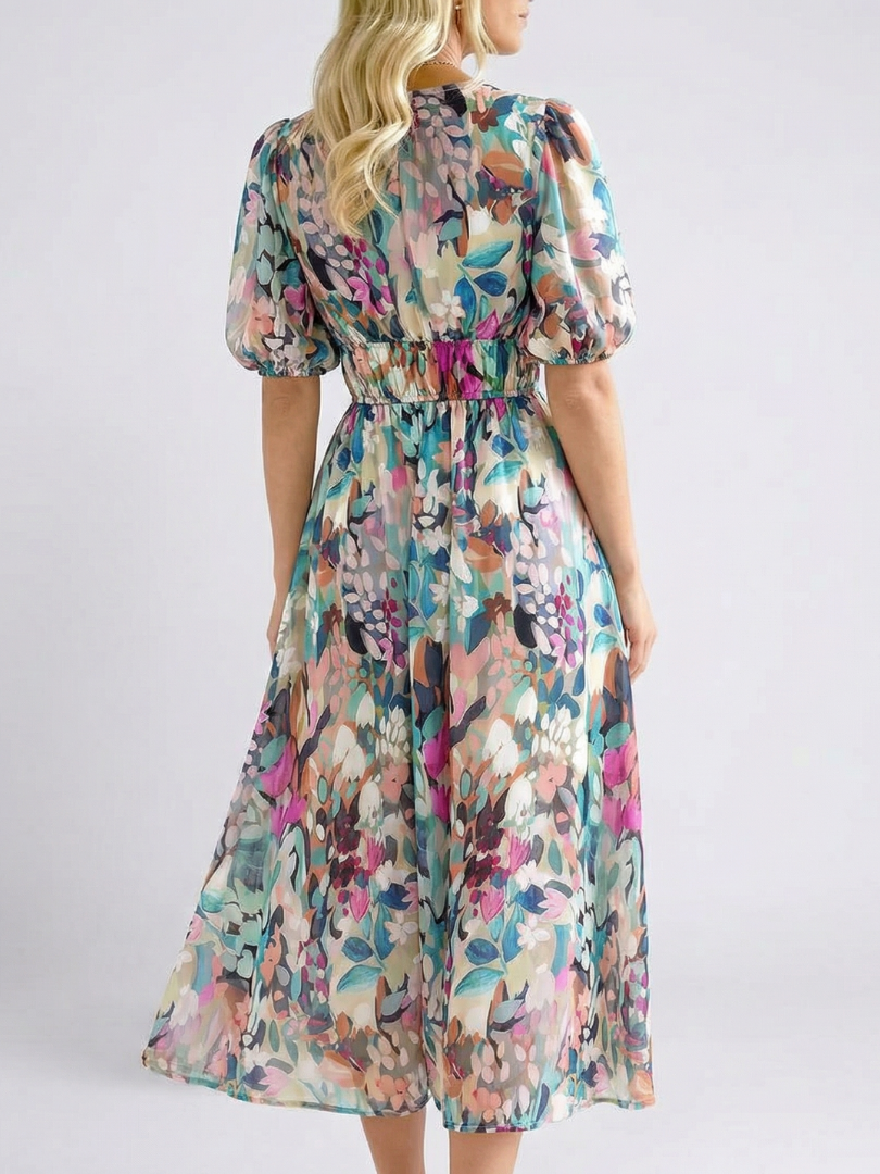 Eulalia | Vestido midi de manga corta con cuello en V y fruncido en la cintura