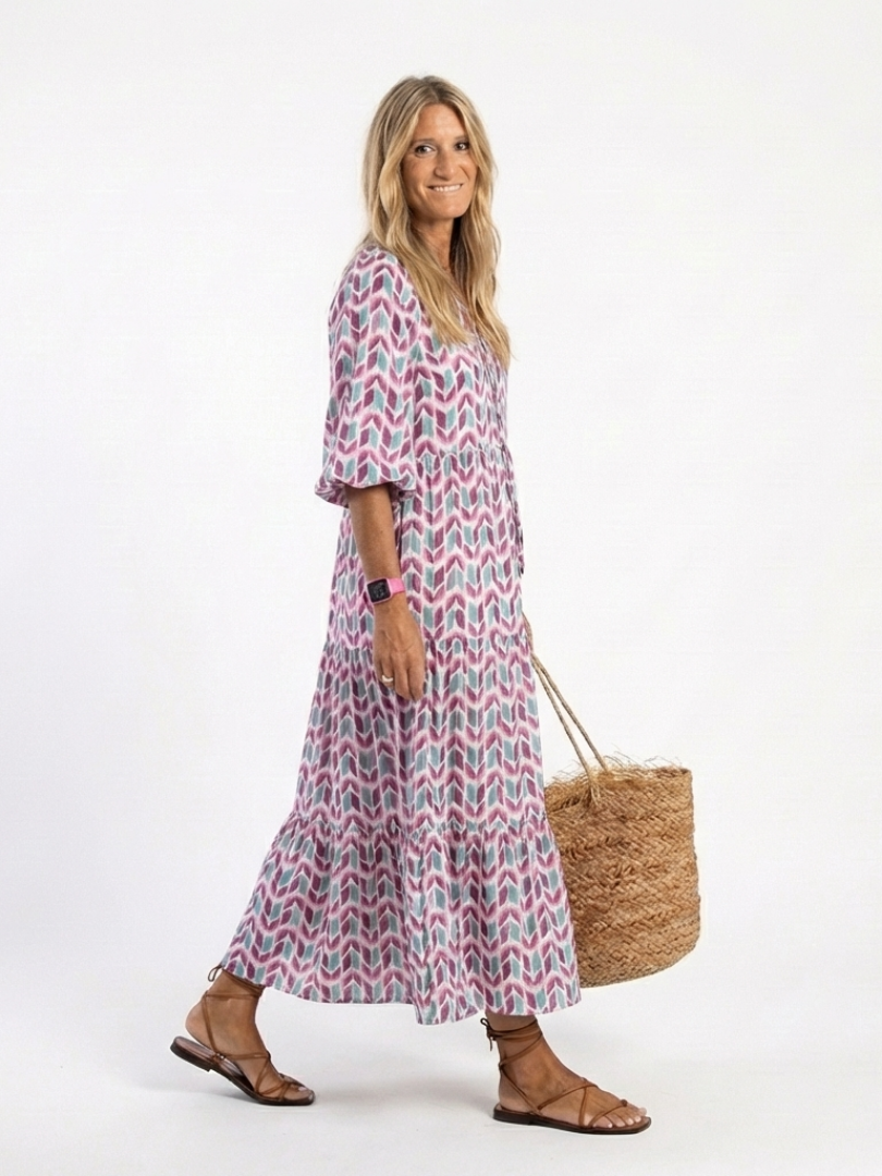 Nadia | Vestido midi de manga larga con estratos y estampado geometrico