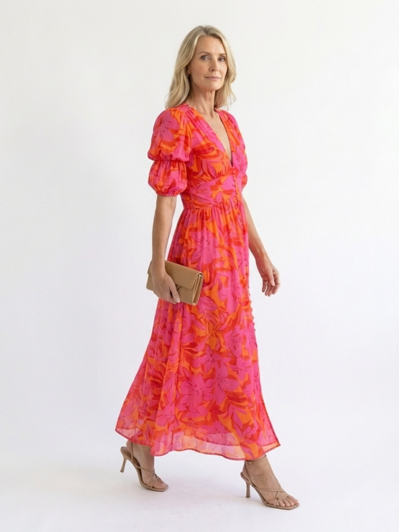 Alessia  | Vestido midi con estampado floral, cuello en V y mangas abullonadas