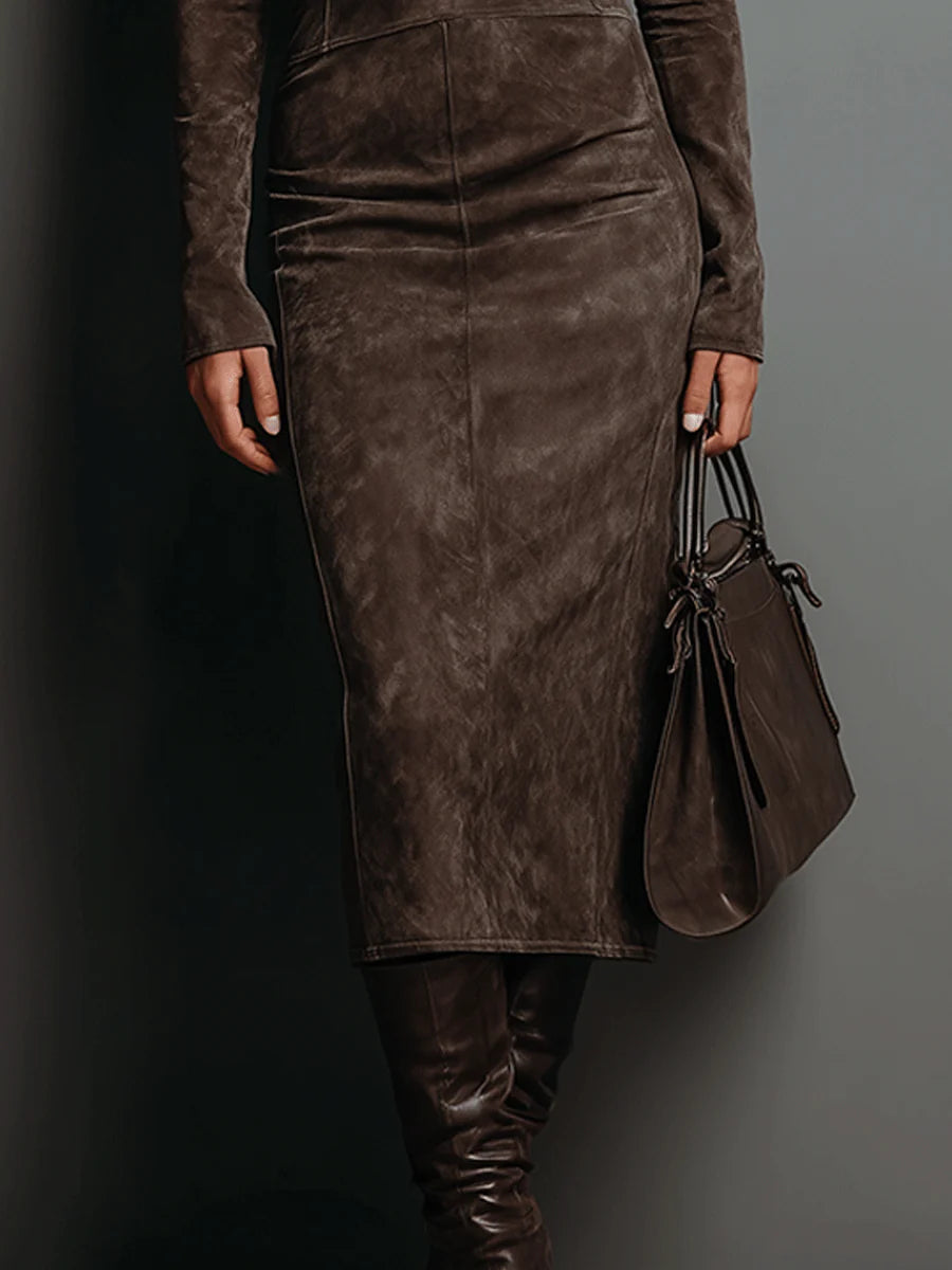 Renata | Vestido midi café efecto gamuza