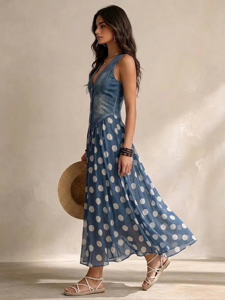 Andrea | Vestido largo de mezclilla con bolitas