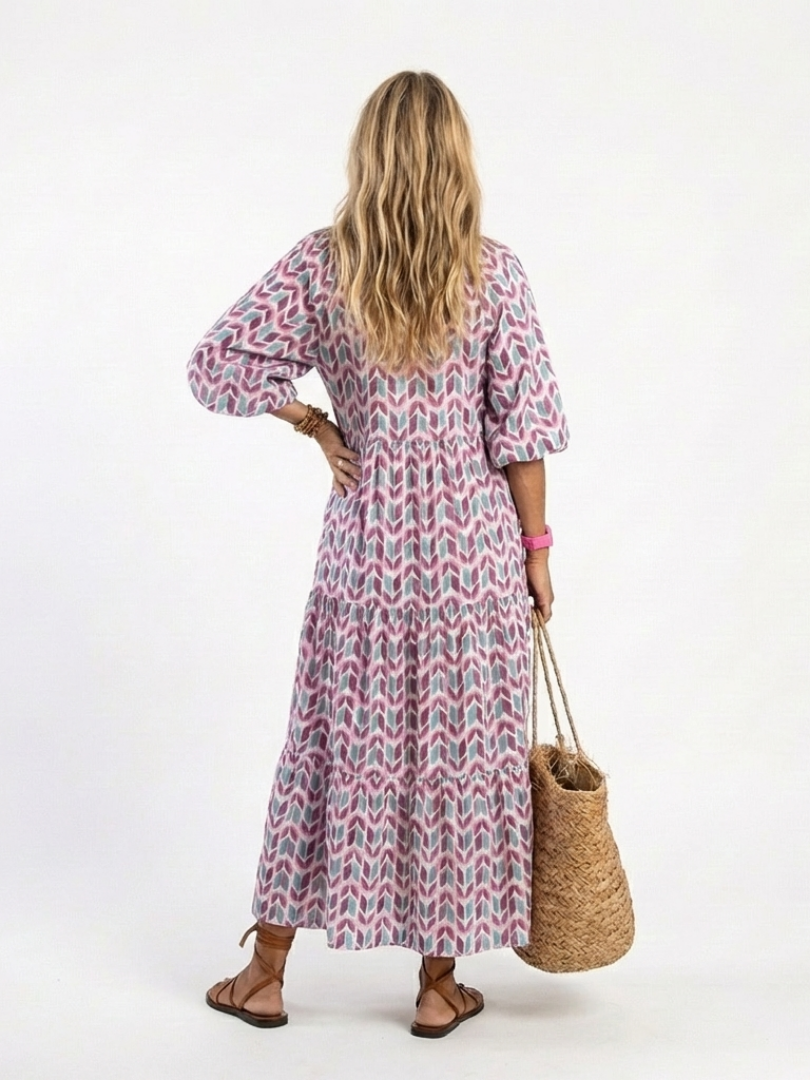 Nadia | Vestido midi de manga larga con estratos y estampado geometrico