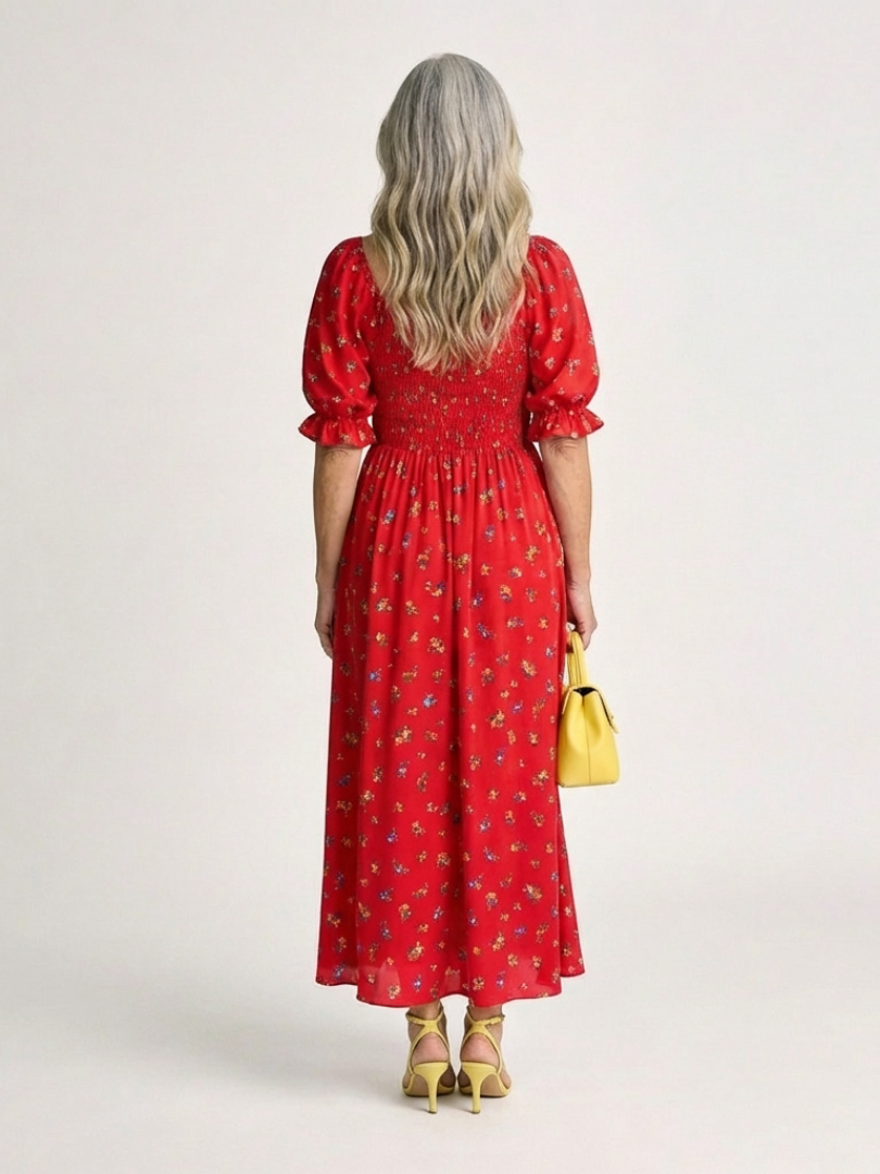 Yasmin | Vestido midi con cuello cuadrado, estampado floral y mangas abullonadas