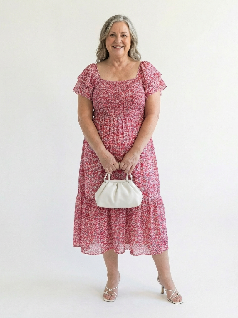 Ainhoa | Vestido midi con hombros al aire, estampado floral y fruncido