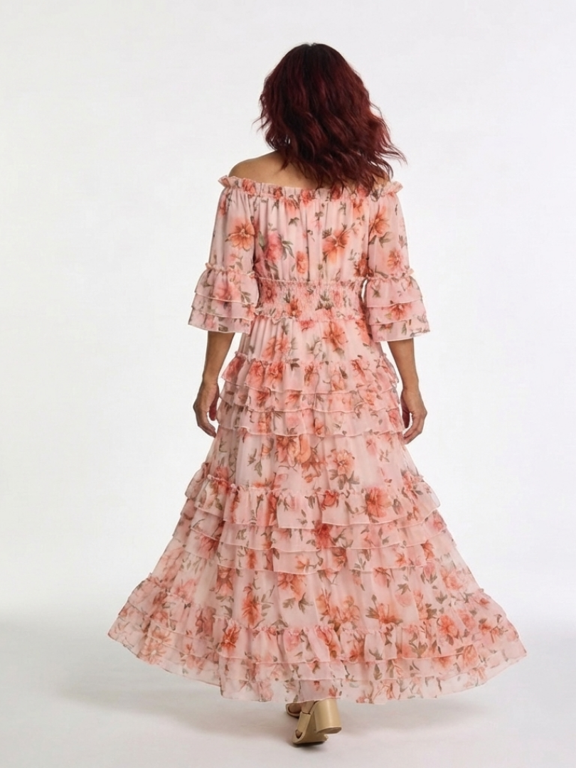 Rosalia | Vestido largo con volantes florales y hombros al aire