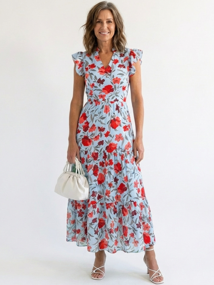 Lila | Vestido midi con cuello en V y volantes, con estampado floral