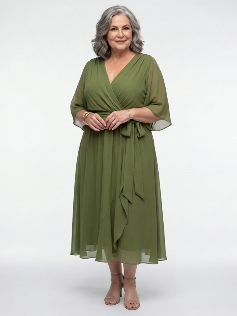 Jade | Vestido midi con cuello en V, cintura drapeada y lazo