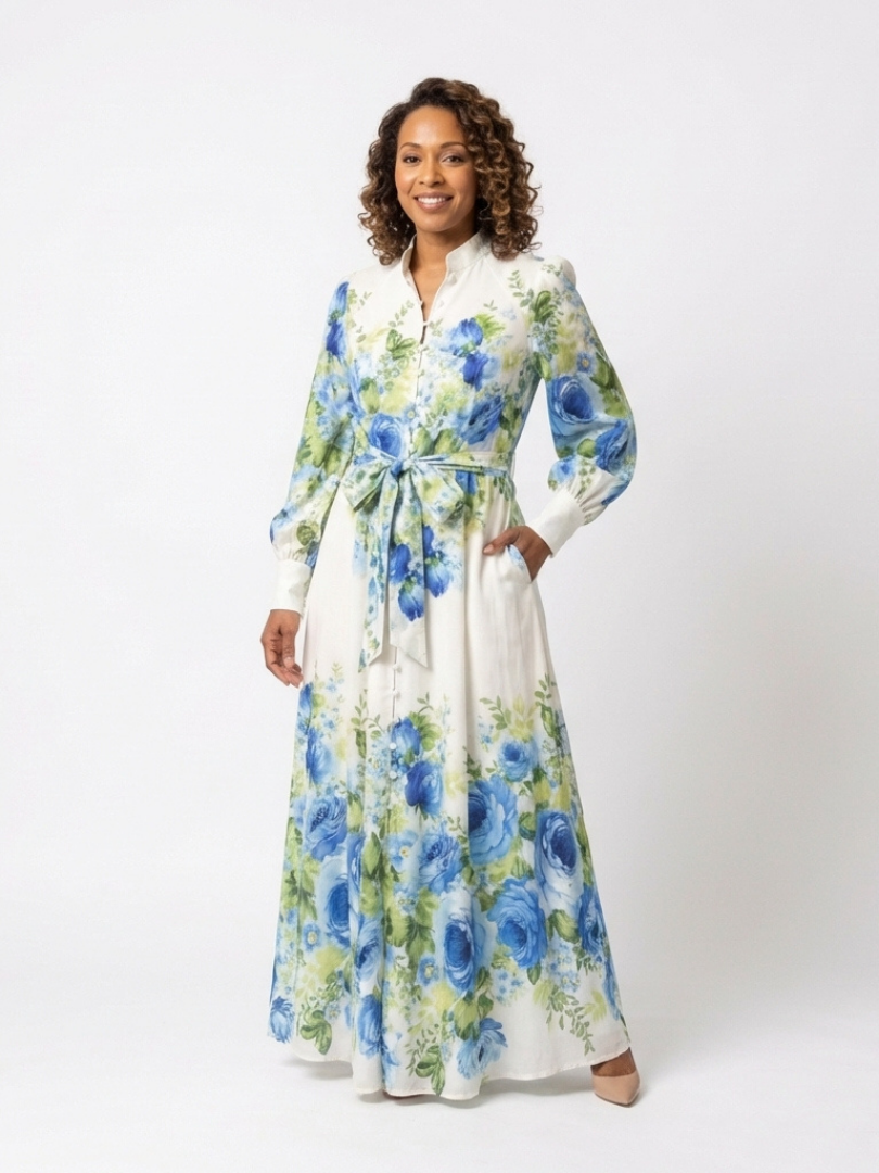 Leila | Vestido largo de manga larga con estampado floral y botones en la parte delantera