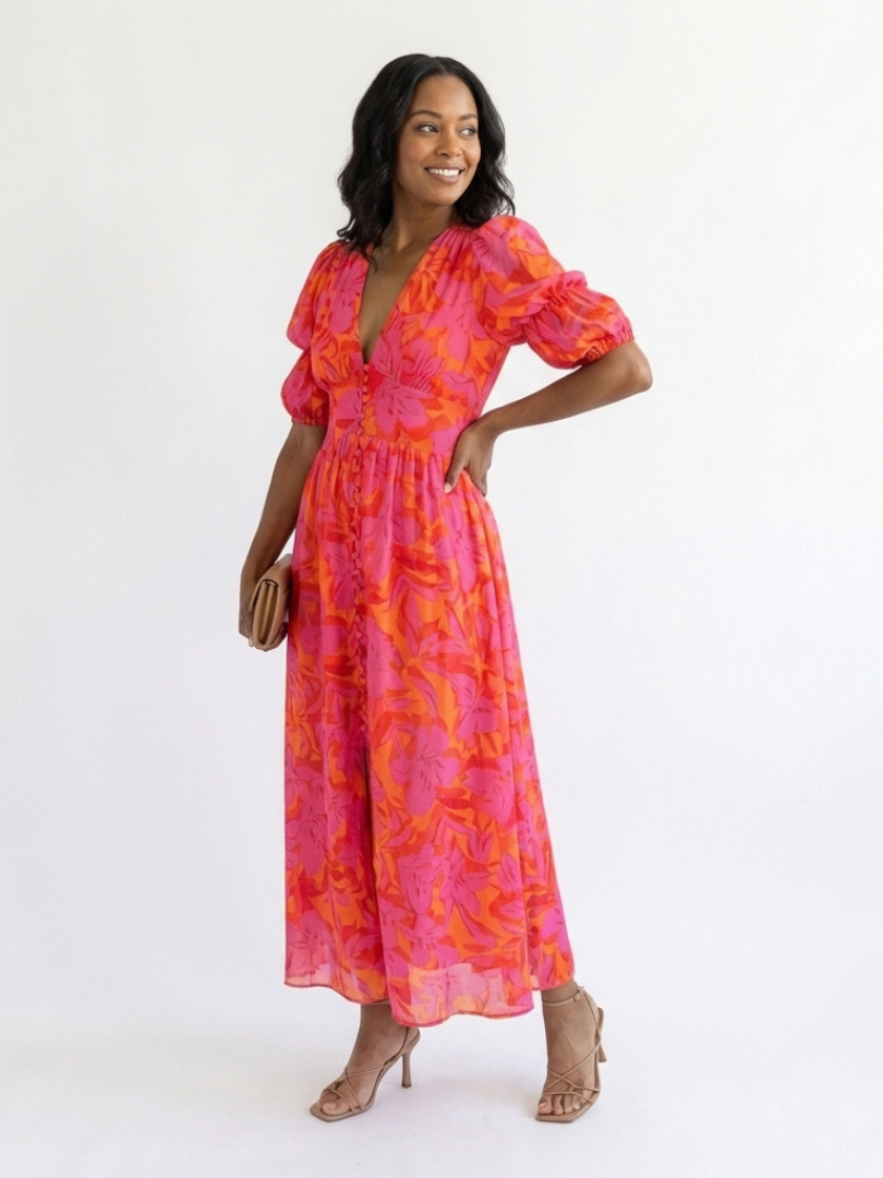 Alessia  | Vestido midi con estampado floral, cuello en V y mangas abullonadas