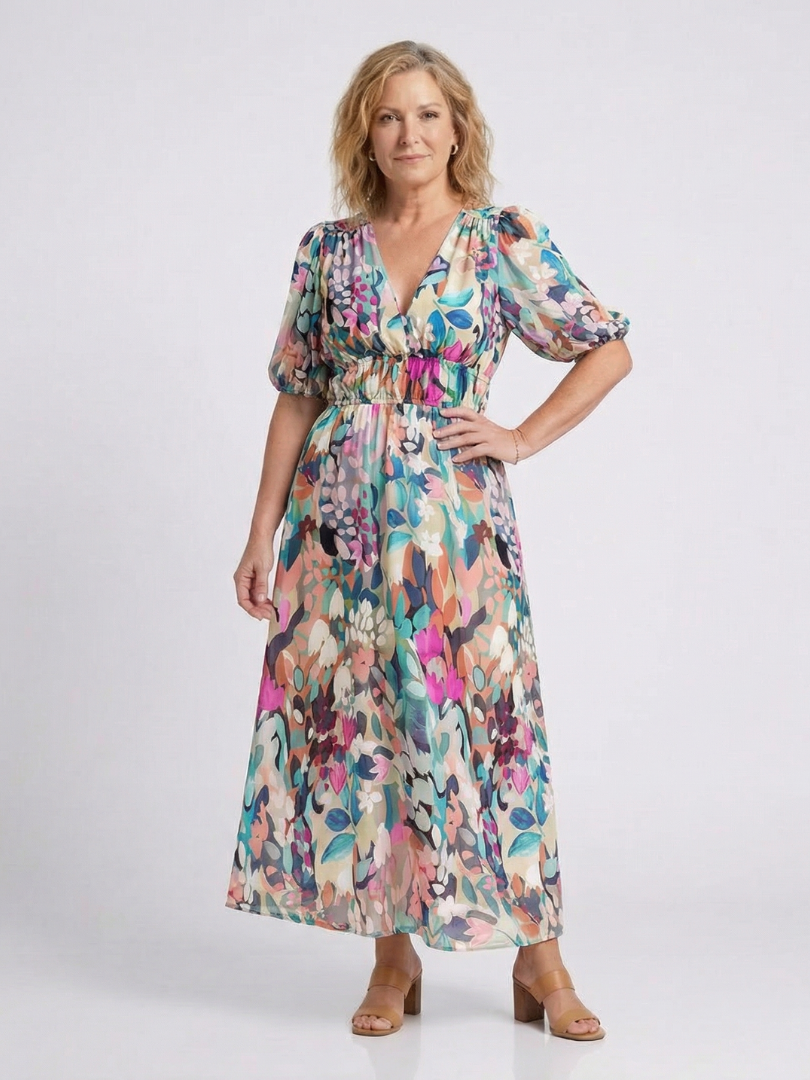Eulalia | Vestido midi de manga corta con cuello en V y fruncido en la cintura