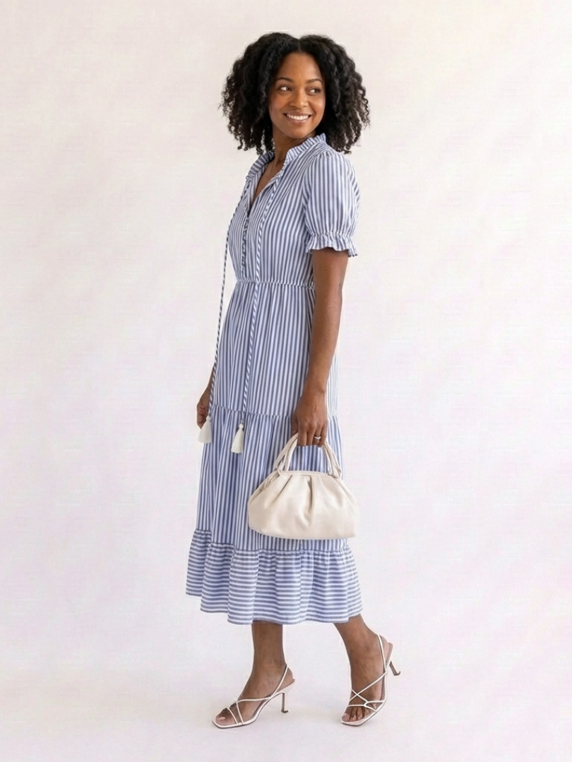 Dakota | Vestido midi con capas a rayas de manga corta