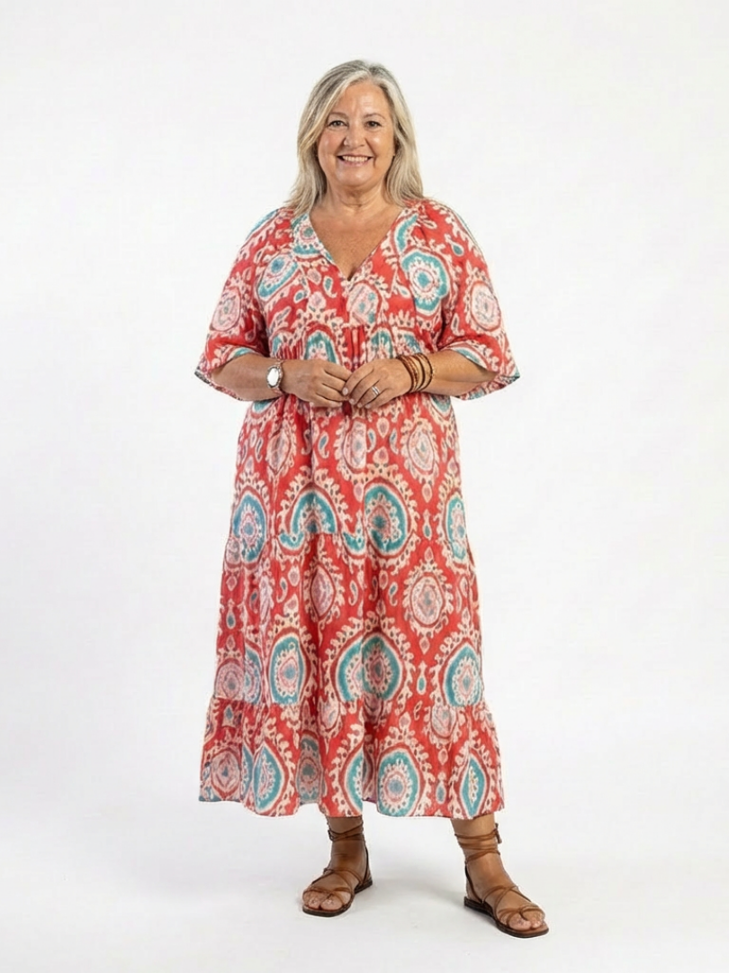 Zoe  | Vestido midi de manga corta con cuello en V y estampado Paisley