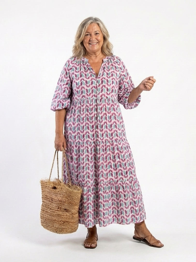 Nadia | Vestido midi de manga larga con estratos y estampado geometrico