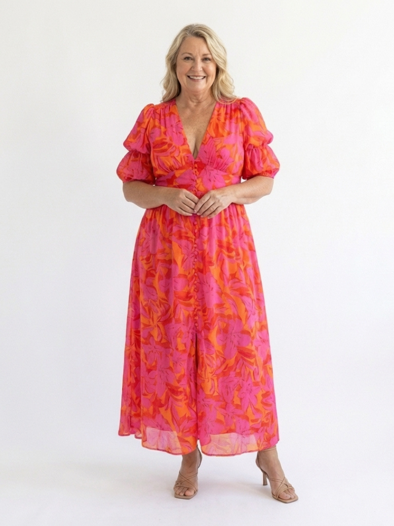 Alessia  | Vestido midi con estampado floral, cuello en V y mangas abullonadas