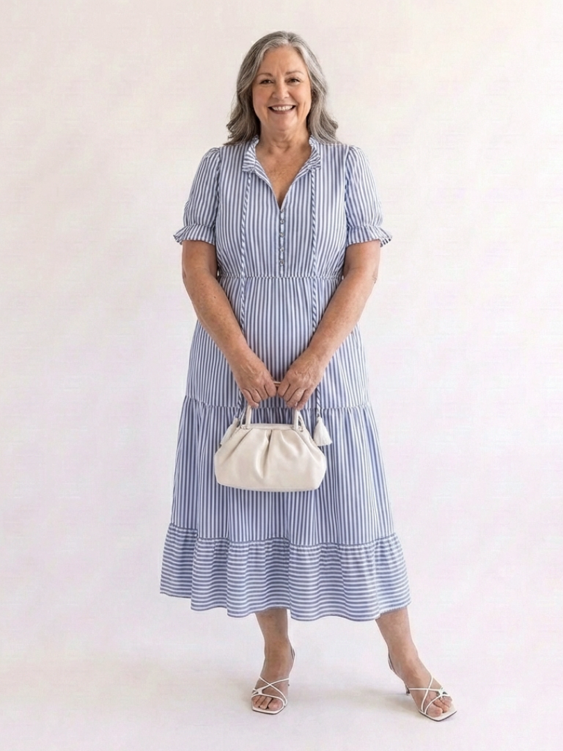 Dakota | Vestido midi con capas a rayas de manga corta
