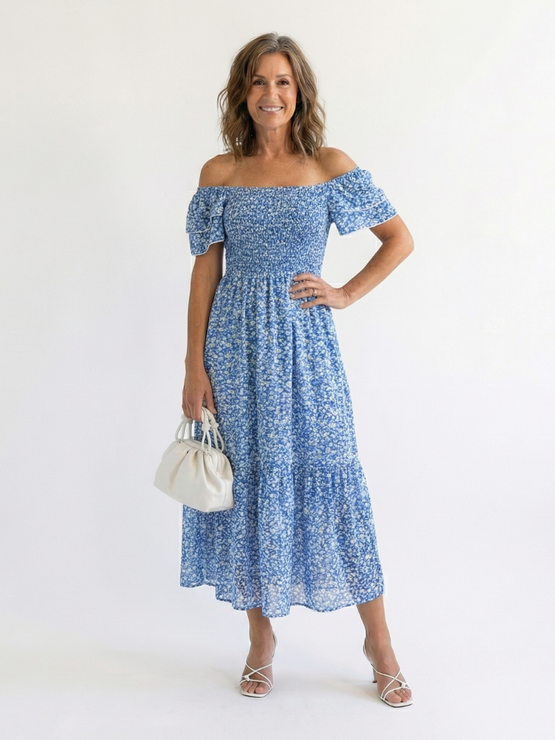 Ainhoa | Vestido midi con hombros al aire, estampado floral y fruncido