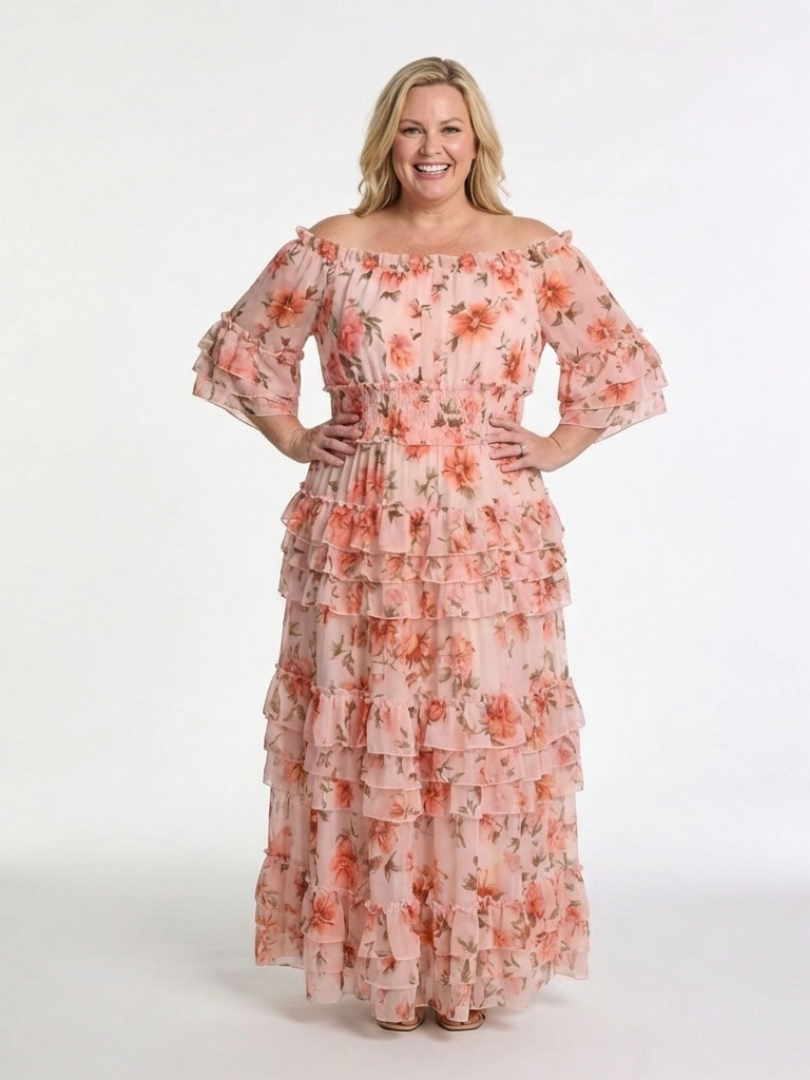 Rosalia | Vestido largo con volantes florales y hombros al aire