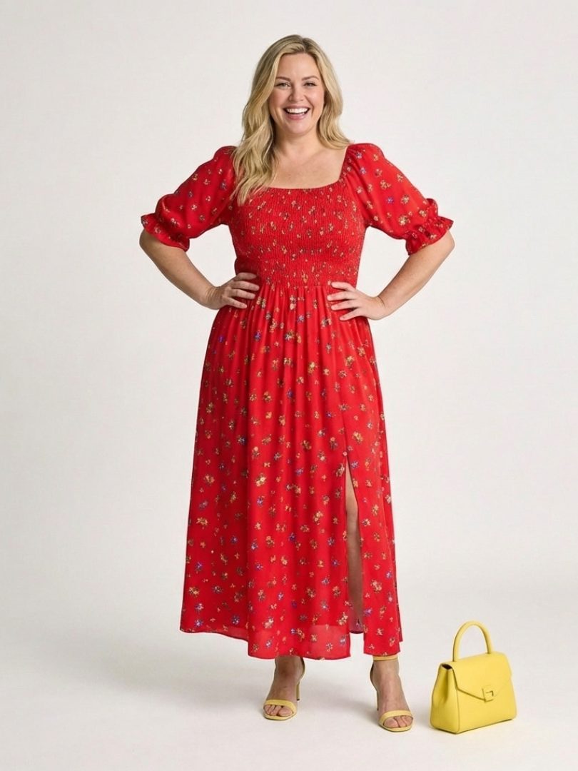 Yasmin | Vestido midi con cuello cuadrado, estampado floral y mangas abullonadas