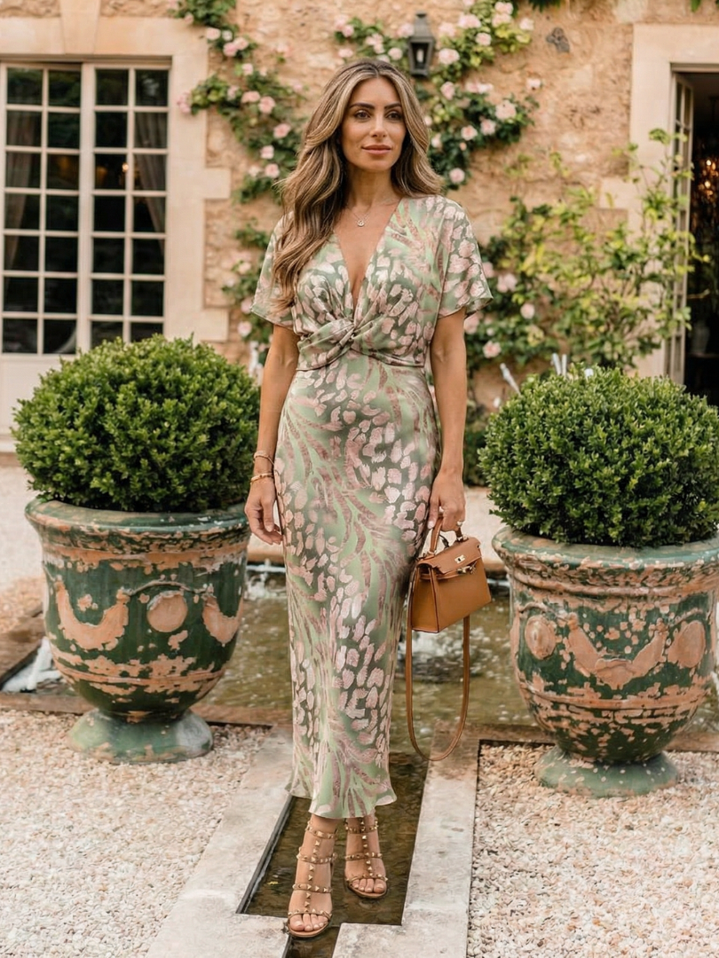 Coral | Vestido midi con estampado abstracto, cuello en V y cintura retorcida