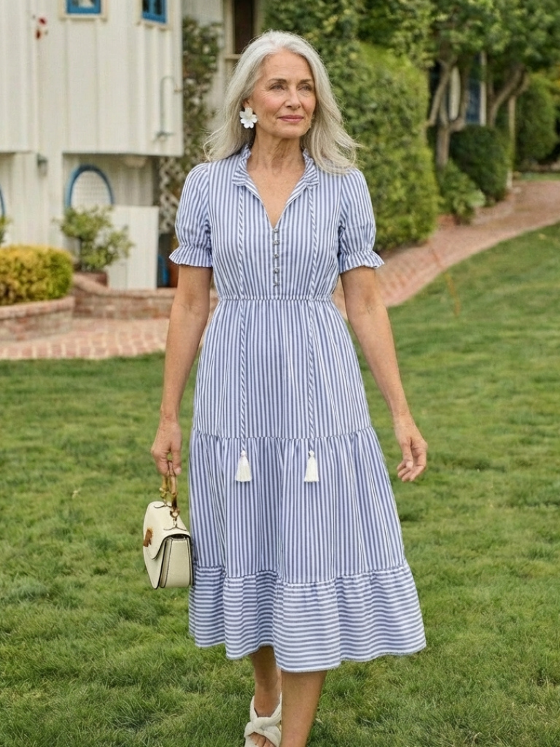 Dakota | Vestido midi con capas a rayas de manga corta